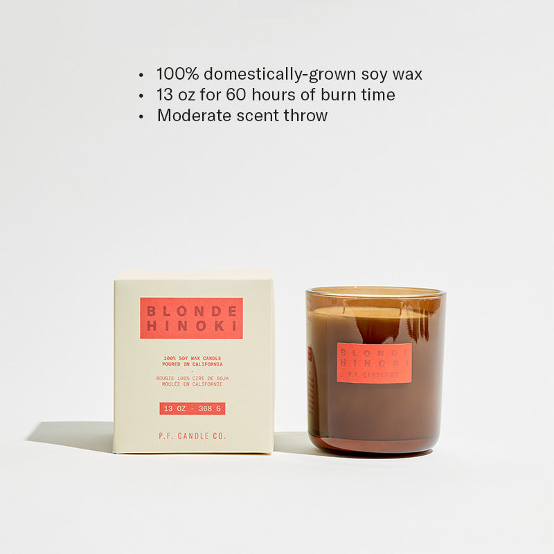 100% domestically-grown soy wax, 13 oz for 60 hours of burn time, Moderate scent throw