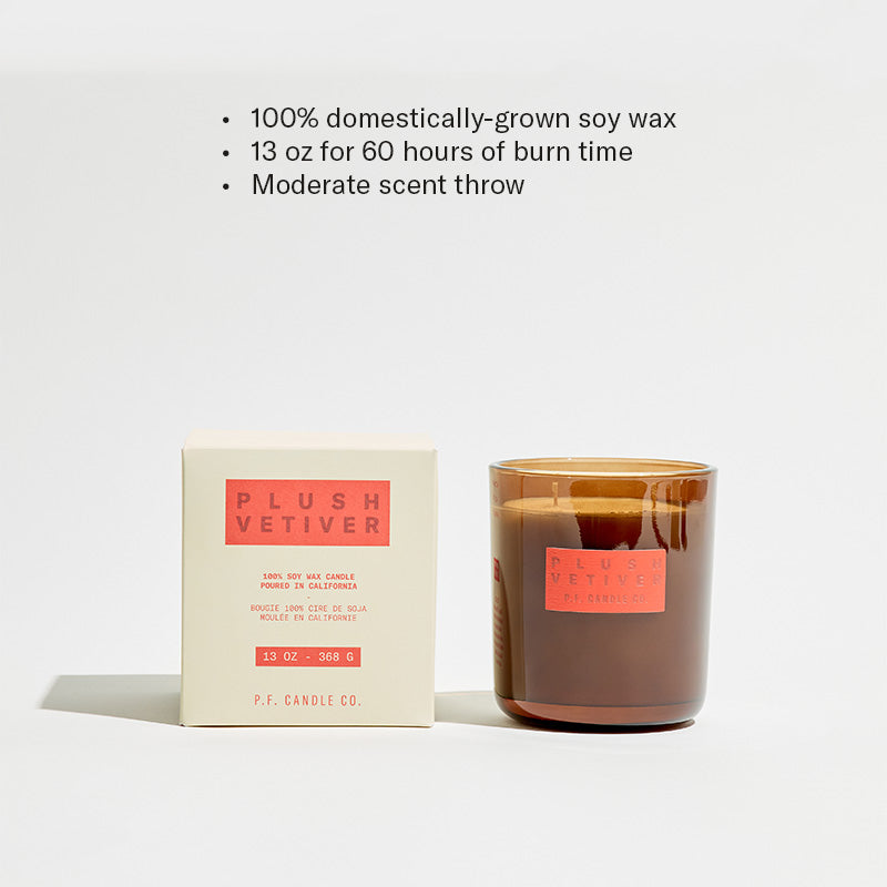 100% domestically-grown soy wax, 13 oz for 60 hours of burn time, Moderate scent throw