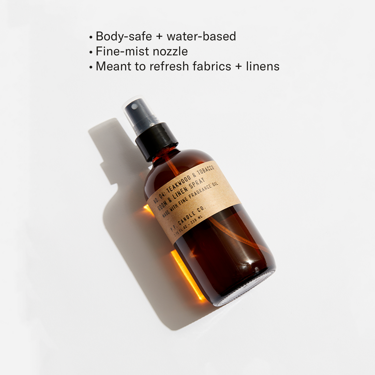 Body-safe + water-based, Fine-mist nozzle, Meant to refresh fabrics + linens